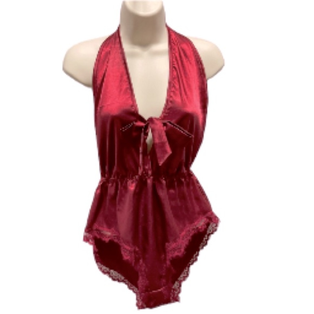 AVID LOVE Silky Satin Lace Halter Teddy Bodysuit One Piece Burgundy Womens Small